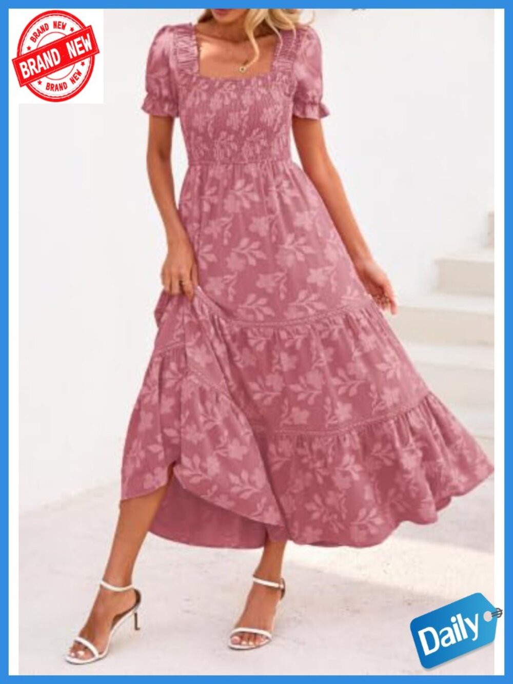 Women's Boho Floral Maxi Dress Square Neck Smocked Ruffle A-Line Short Sleeve - Picture 6 of 6